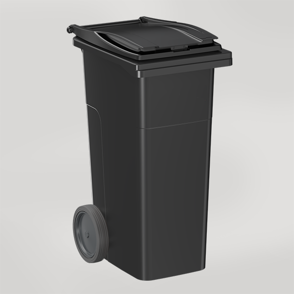 Bilden föreställer en mörkgrå tunna för plastförpackningar