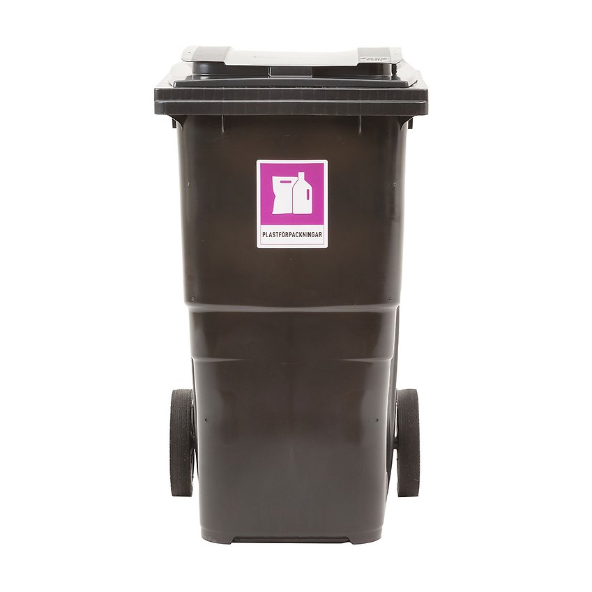 Bilden föreställer en mörkgrå tunna för plastförpackningar