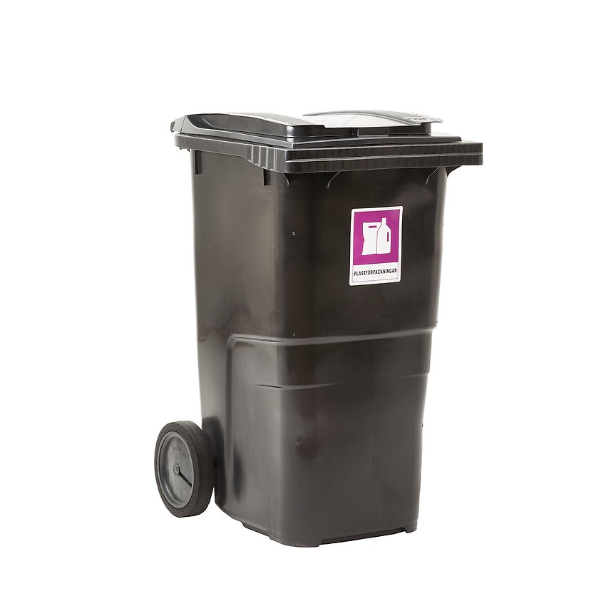 Bilden föreställer en mörkgrå tunna för plastförpackningar