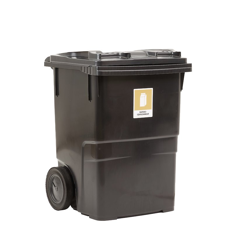 Bilden föreställer en mörkgrå tunna för plastförpackningar