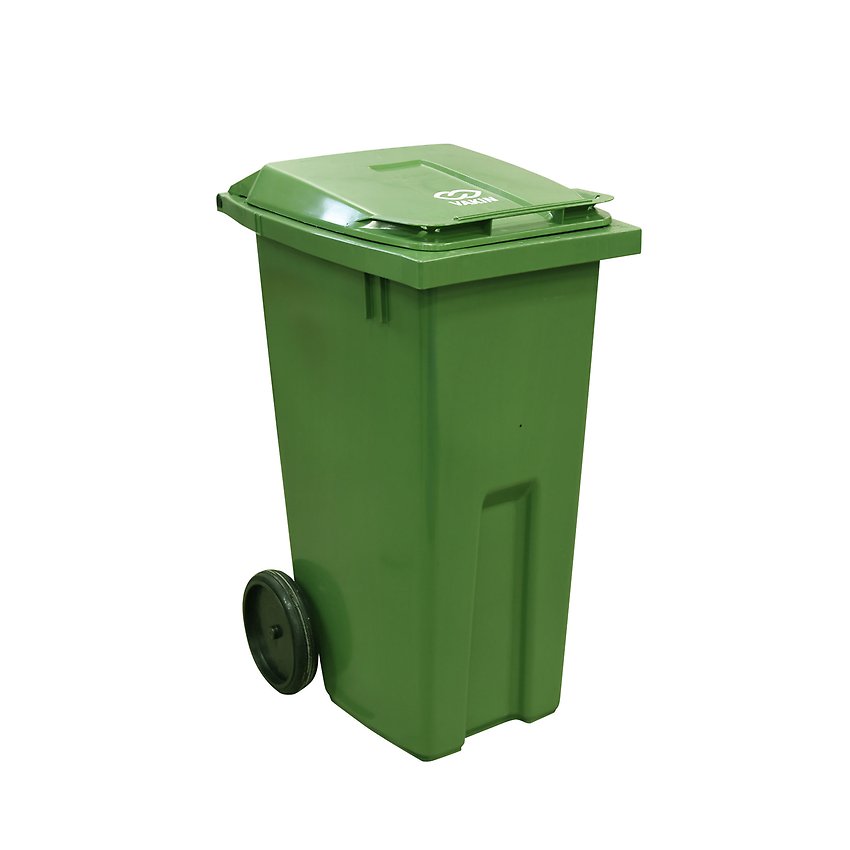 Bilden föreställer en mörkgrå tunna för plastförpackningar